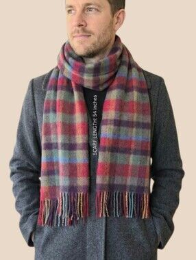 John Hanley Irish Lambswool Plaid Tartan Fall Autumn UNISEX NWOT 12x74